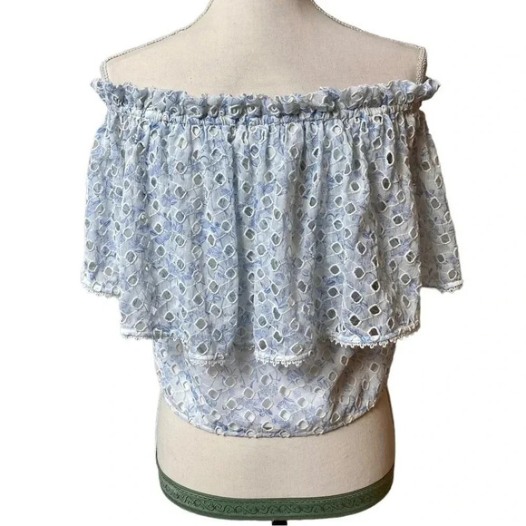 ML Monique Lhuillier Blue White Eyelet Off Shoulder Blouse Size Small - Picture 8 of 16